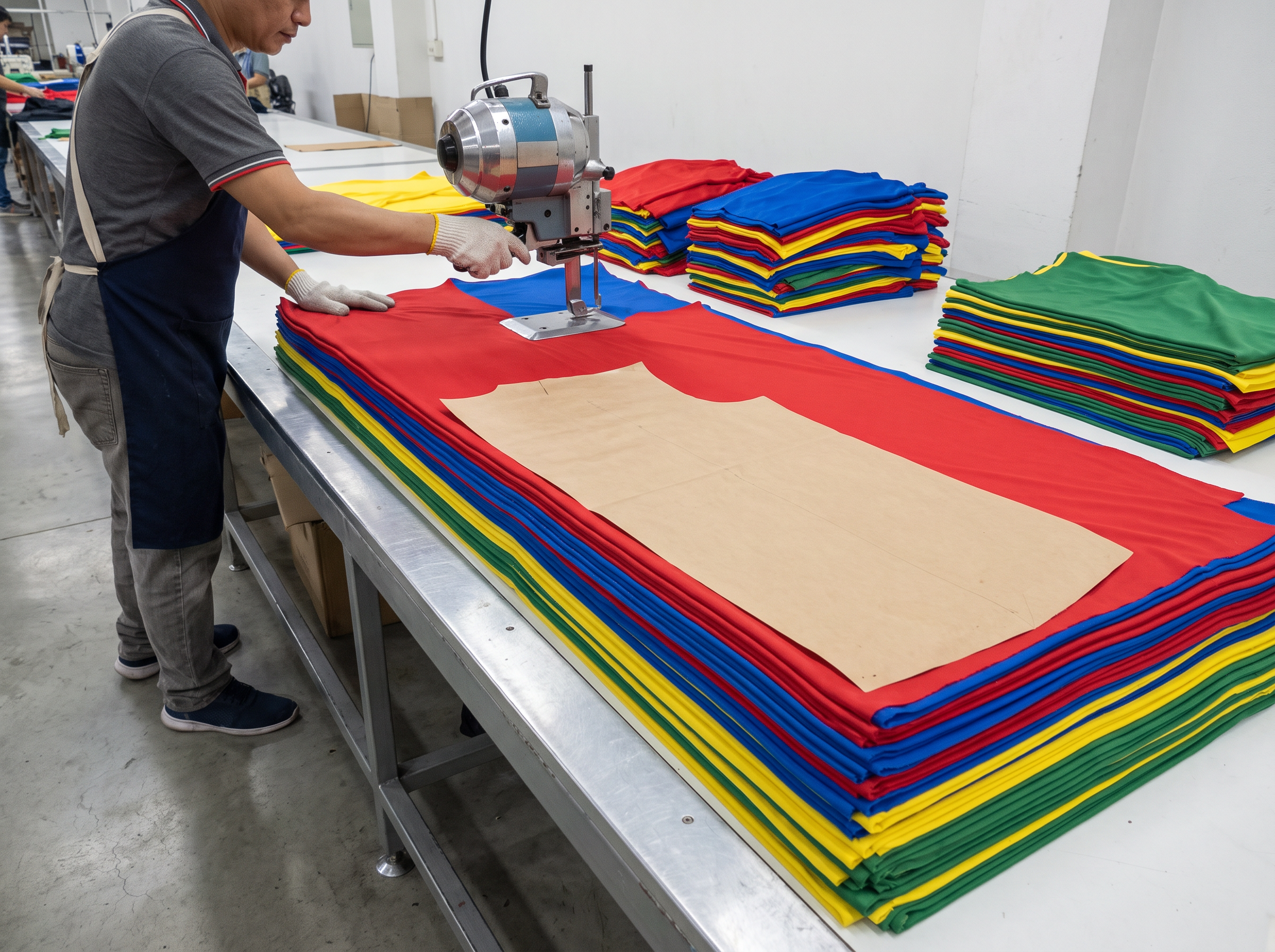 Straight-knife cutting machine cutting a stacked lay of printed jersey fabric