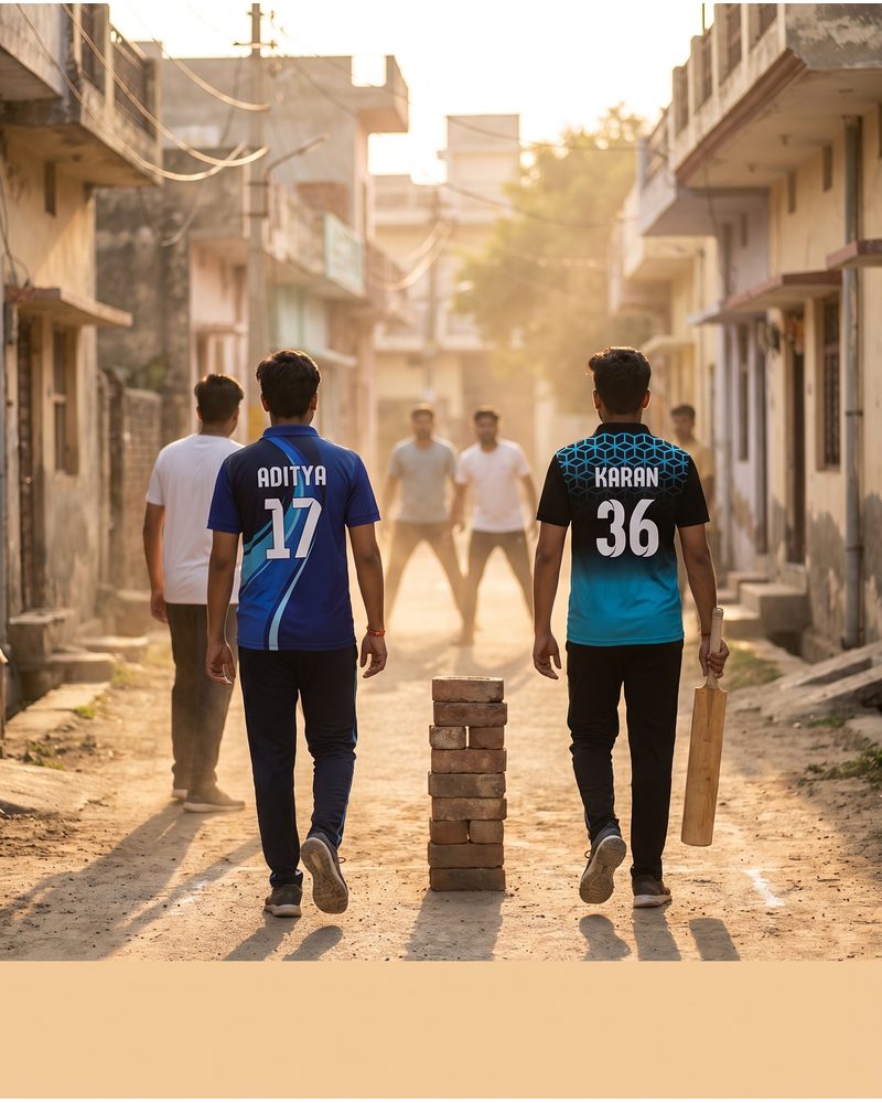 Cricket team walking off in custom jerseys with names and numbers on the back