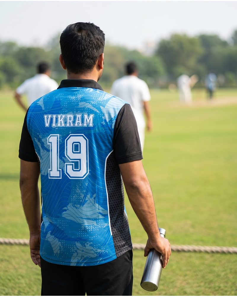 Cricketer in a custom blue team polo jersey with name and number at a ground