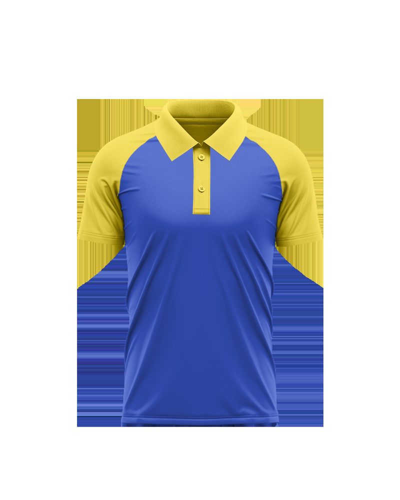 Custom blue and yellow polo shirt with contrast shoulder panel