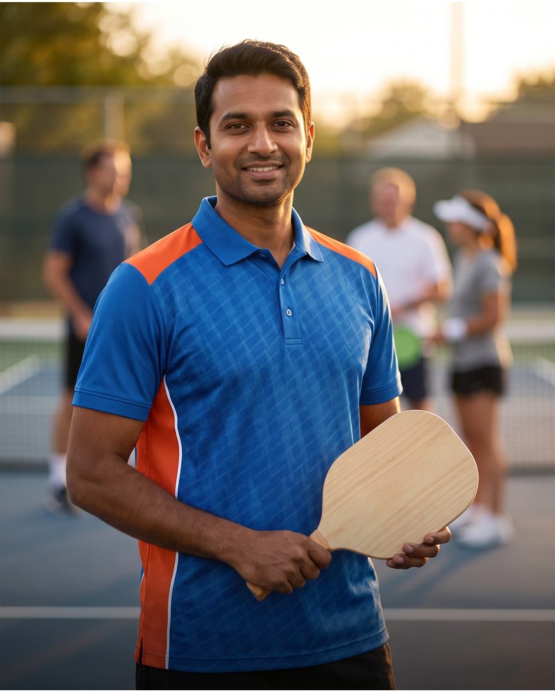 Man wearing a custom blue and orange corporate polo shirt outdoors