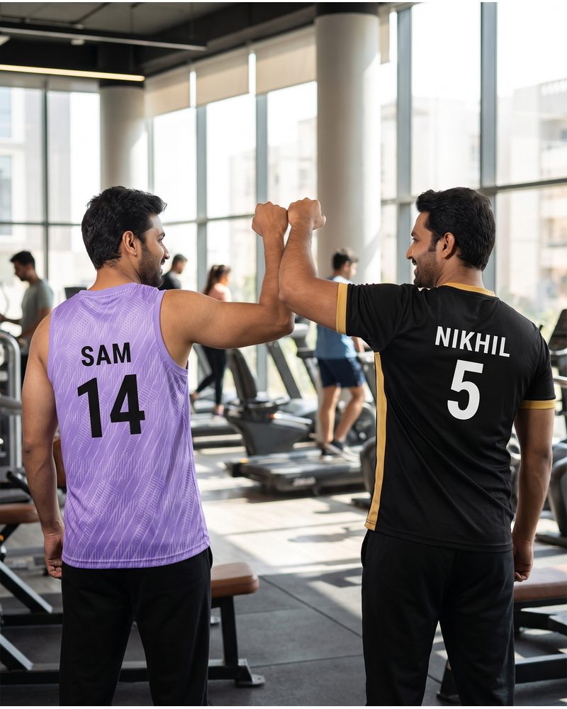 Two people wearing differently coloured custom jerseys with individual names
