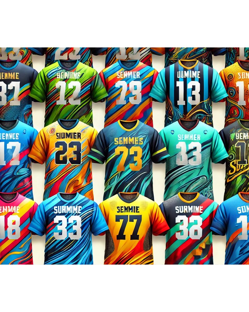 Grid of many custom esports jerseys in different colourways with player names