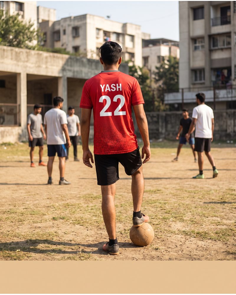 Footballer on a maidan wearing a custom red jersey with name and number