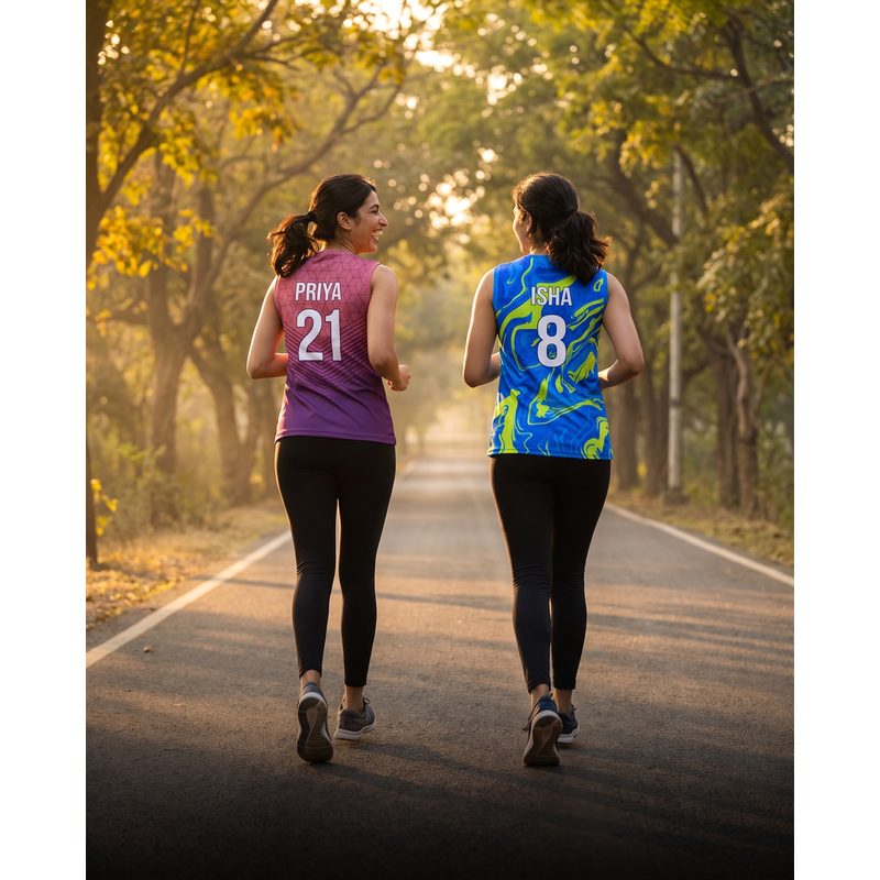 Two runners in custom event singlets on a road