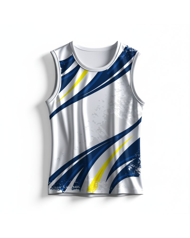 Custom sleeveless sports singlet product photograph on white