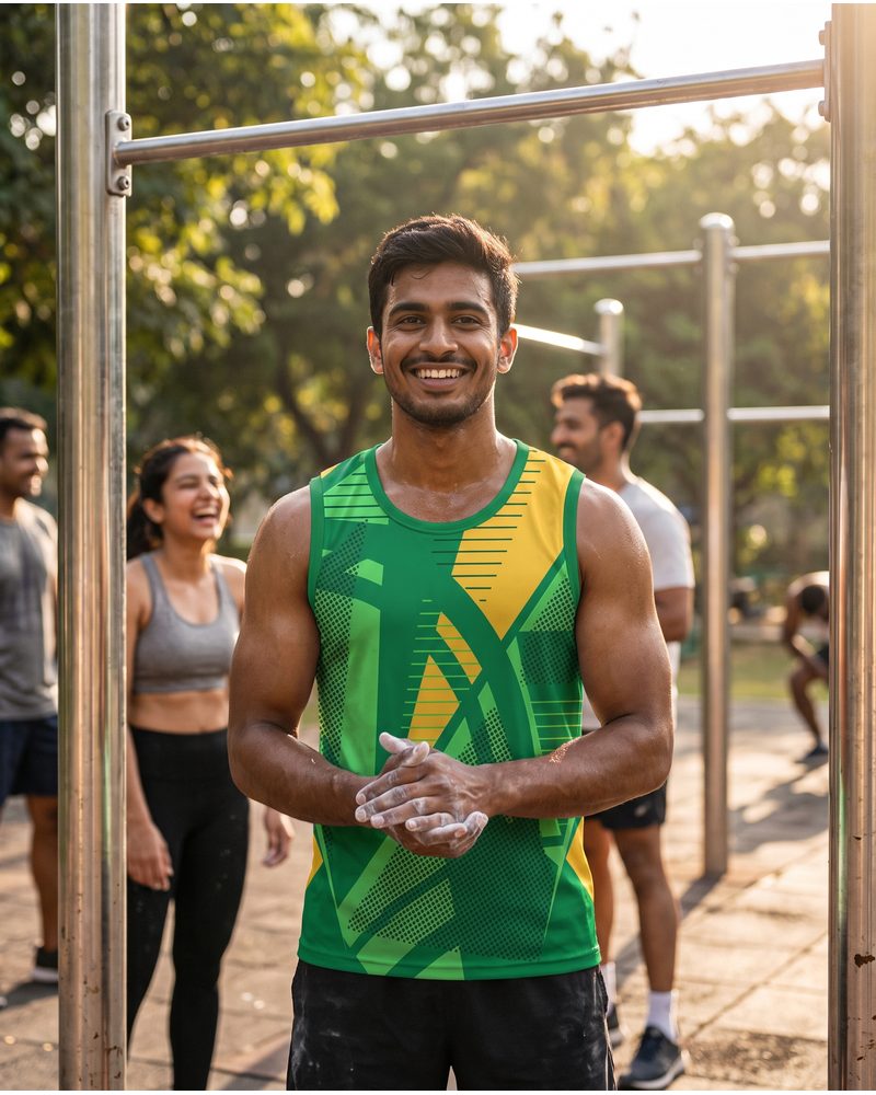 Runner wearing a custom green singlet outdoors