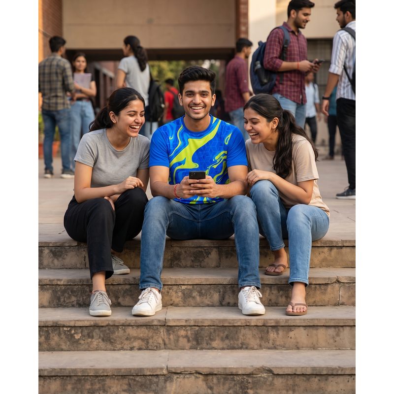 Students in custom college sports kit on campus steps