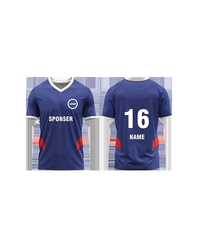 School sports uniform shown front and back in blue, red and white